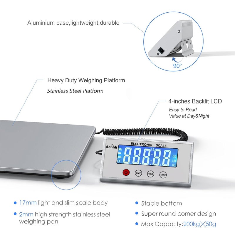 Acnhli Digital Shipping Scales 440 pounds, Stainless Steel Heavy Duty Postal Scale for Warehouses, Homes, Offices, and Courier Companies, Including Product Manuals and adapters - Image 3